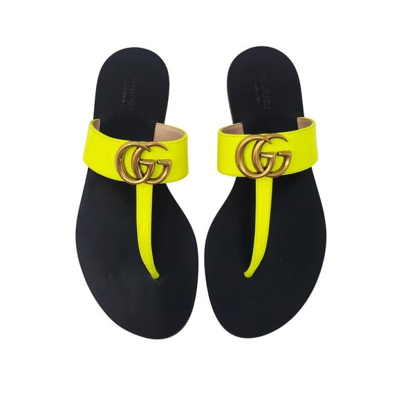 Gucci Marmont GG Sandal Thong Flat With Double G In Yellow Fluo Leather Size 37 - Picture 3 of 11